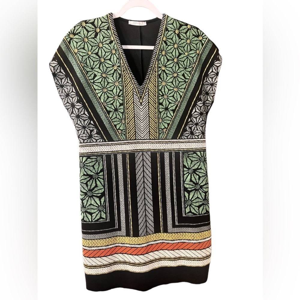 Zara Women's Geometric Tunic Dress
Metallic Gold Print Shift Tribal Raw Hem - Picture 1 of 5